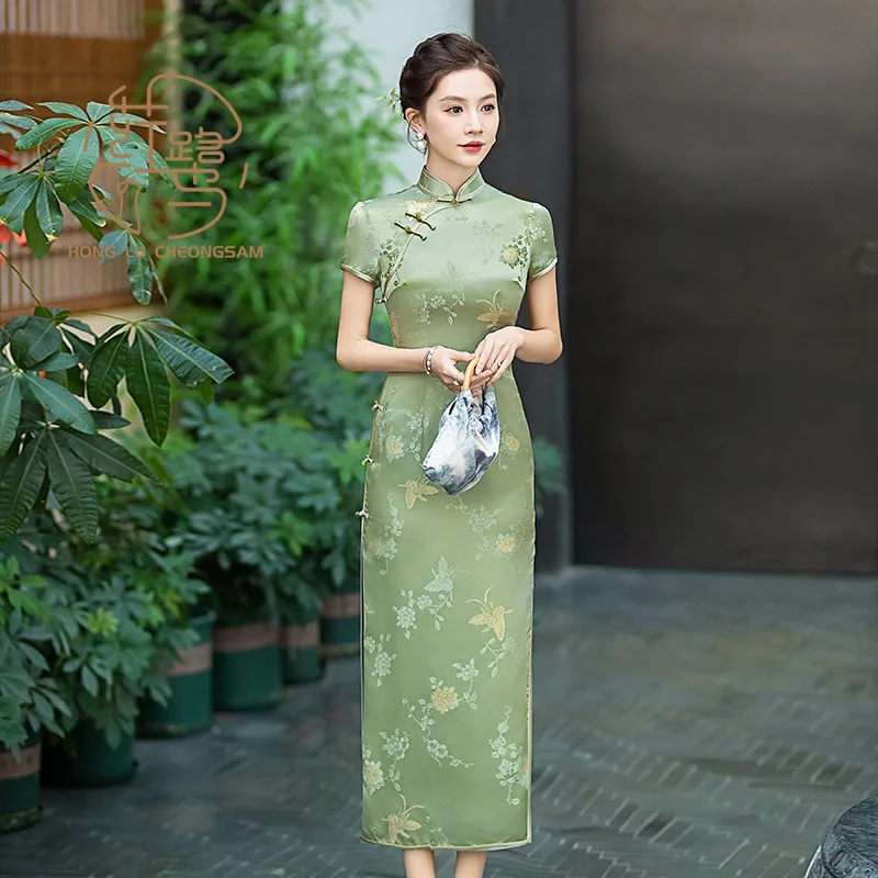 

【HONG LU】New Silk Qipao Hand Sewing Jacquard Technology High-end Slimming Chinese Wedding Dress Cheongsam