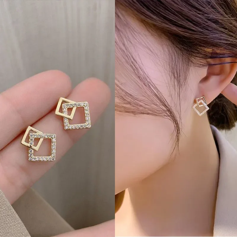 

Korean Geometric Double Layers Rhombus Earrings for Women Gold Color Crystal Temperament Earring 2024 Fashion Jewelry Gift