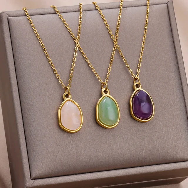Fashion Stone Opal Oval Necklace For Women Stainless Steel Gold Color Green Stone Pendant Necklace Wedding Aesthetic Jewelry Gif 1