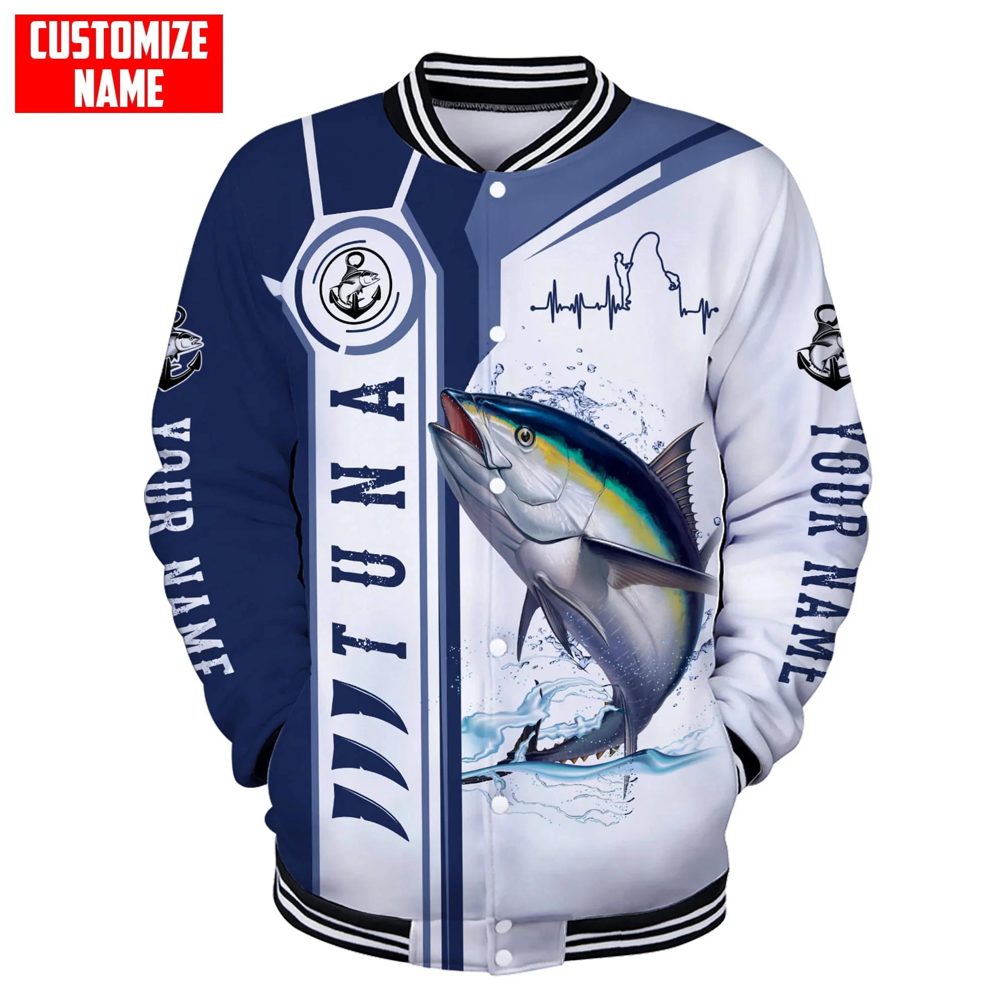 Blue Marlin Fishing Custom Name 3D Printed Fashion Men's Bomber Full-Snap Jacket Unisex Casual Winter Warm Baseball Jacket FX20