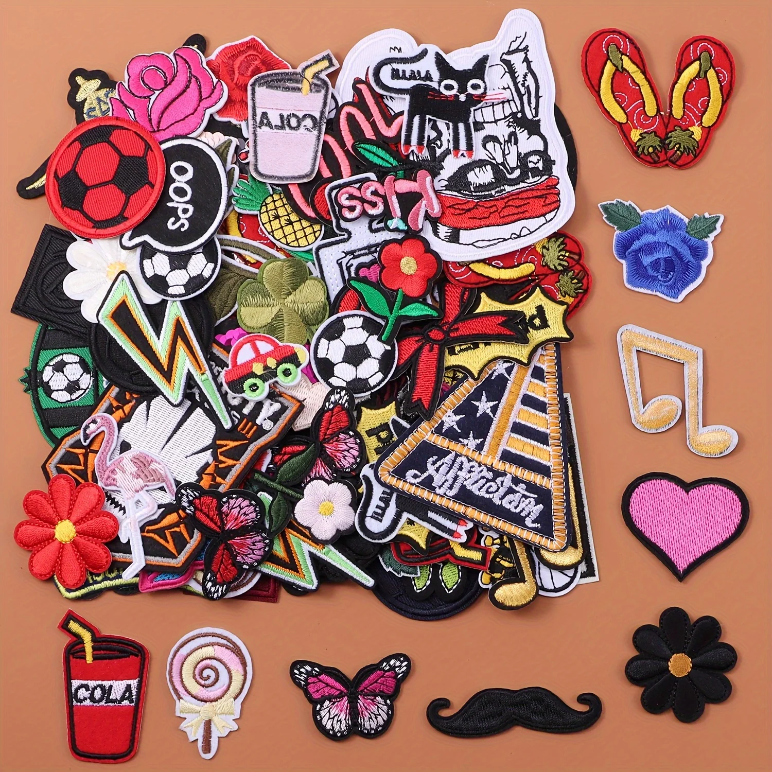 Collection of colorful patches with various designs on a white background