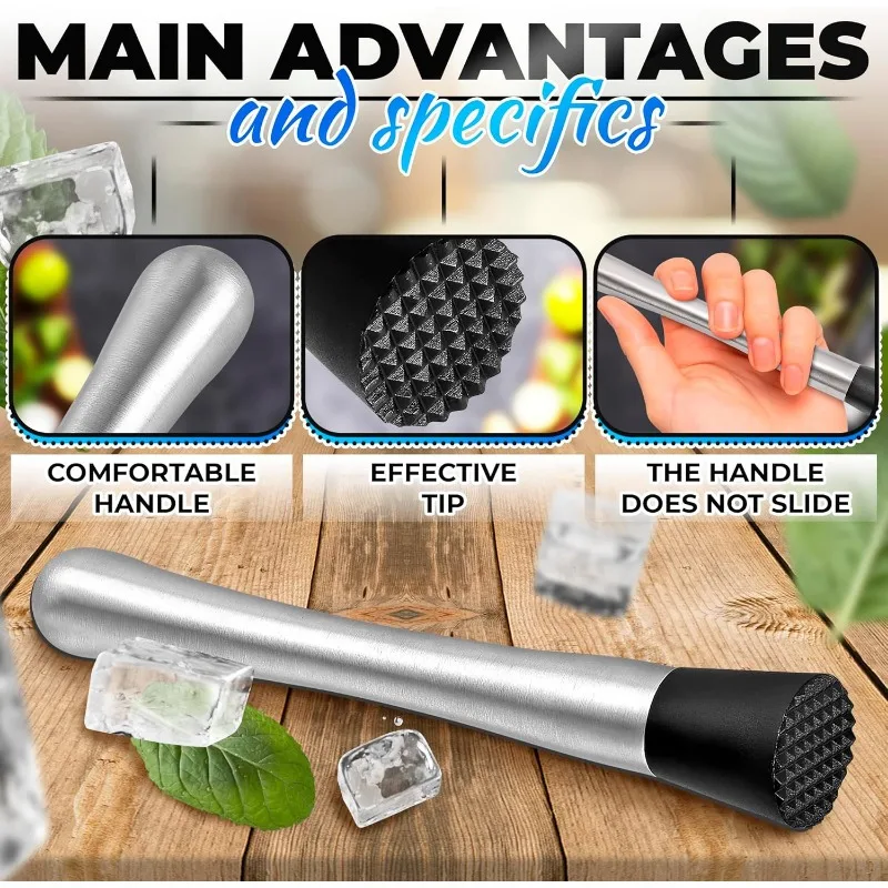 2pcs Old Fashion Cocktail Muddler Stainless Steel Stick Bar Cocktail Muddler Manual Juicing Stick Ice Crusher Tool Home Bar Use