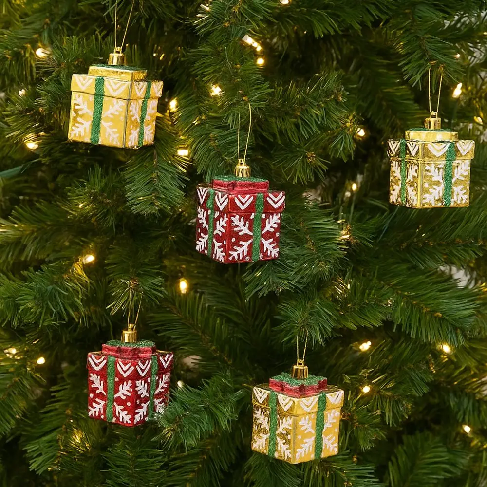 Colorful Christmas Gift Box Pendant Mini Plastic Xmas Tree Pendant Shatterproof Shiny Xmas Decorative Pendant New Year Decor