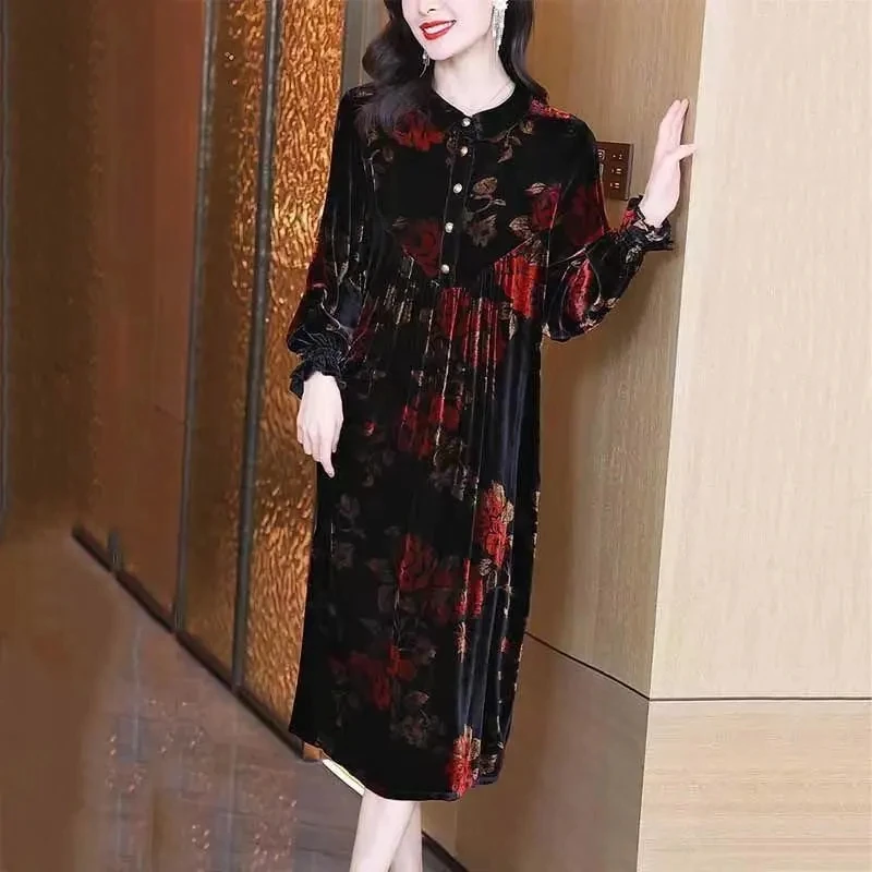 5XL Gold Velvet Dress 2023 Spring Autumn Long-Sleeve High