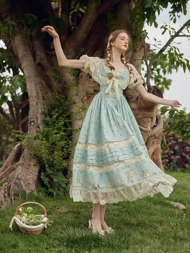 French Fashion Prairie Chic Sweet Lace Patchwork Midi Dress