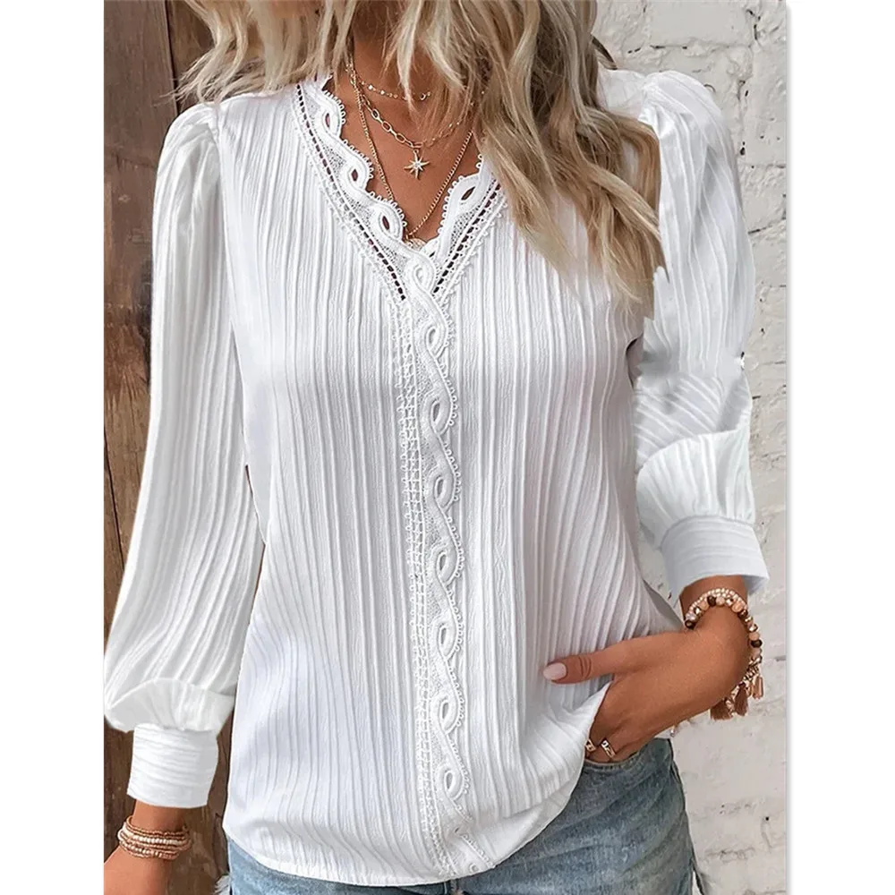 

Autumn Long Sleeved V-neck Lace Tops Shirt Women Casual White Chiffon Blouse Office Blusas Femininas Elegantes Estilo Coreano