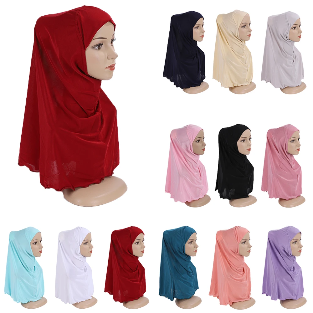 

7-12Y Kids Girls Hijab Muslim Instant Scarf One Piece Amira Overhead Headscarf Islamic Wrap Shawls Pull On Ready Made To Wear