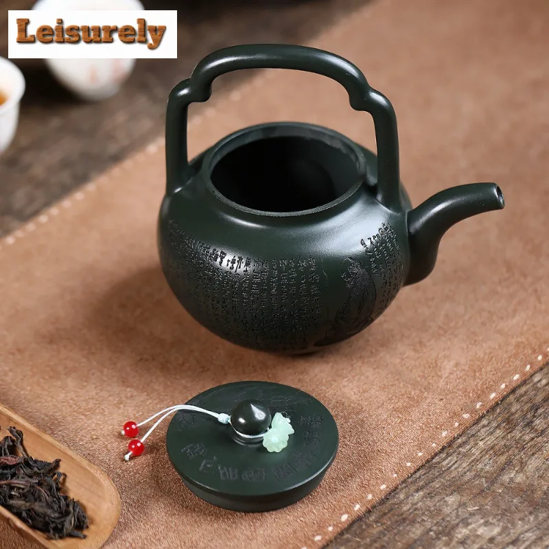 420ml Luxury Yixing Purple Clay Teapots Handmade Lifting Handle Pot Raw Ore Blackish Green Mud Tea Making Kettle Zisha Tea Set