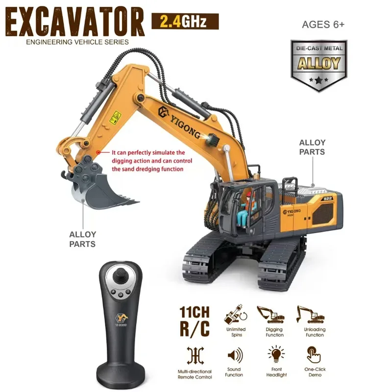 1/20 RC Excavator Car 2.4G Remote Control Alloy Engineering Vehicle Crawler Truck Excavator Toys for Boys Kids Christmas Gifts