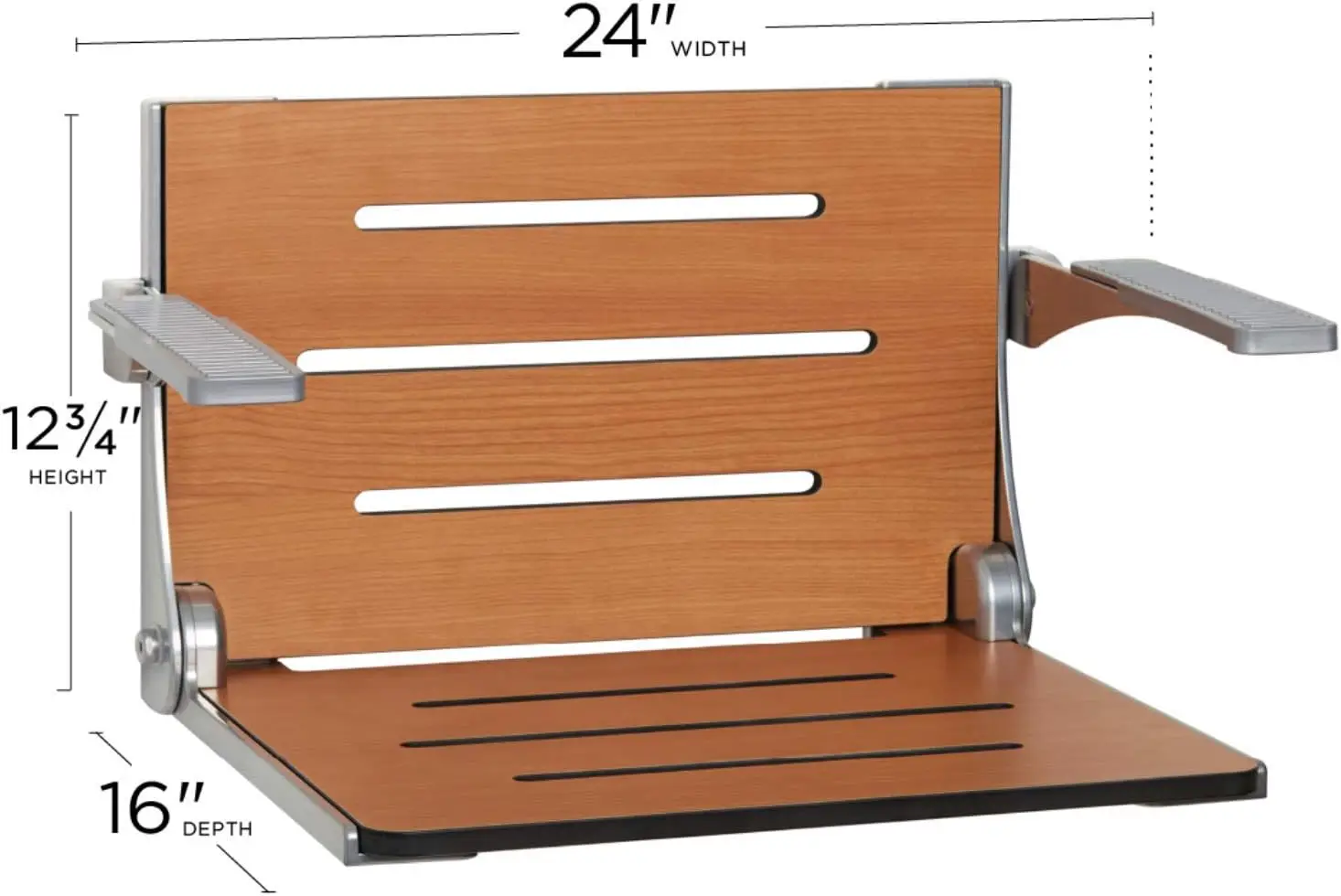 Comfort Folding Wall Mount Shower Bench Seat with Arms Teak Seat with Silver Frame 20.94” L x 16” W x 12.75”H 2