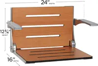 Comfort Folding Wall Mount Shower Bench Seat with Arms Teak Seat with Silver Frame 20.94” L x 16” W x 12.75”H 2