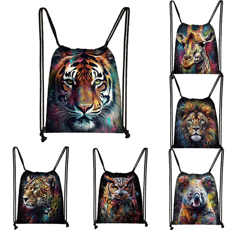 

Abstract Graffiti Animals Lion Tiger Backpack Cute Koala Owl Drawstring Bags Outdoor Travel Storage Bag Shoes Holder Book Bags