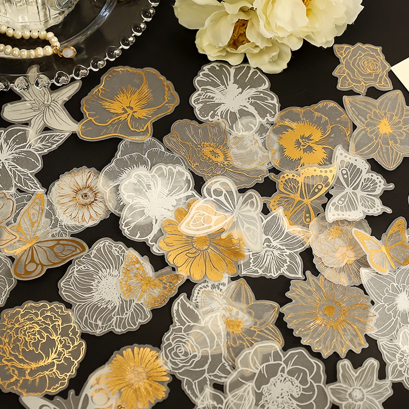 

30Packs Wholesale Bronzing Gold Flowers Stickers Handmade Material butterfly Plant Scrapbook supplies decorative 76*116mm