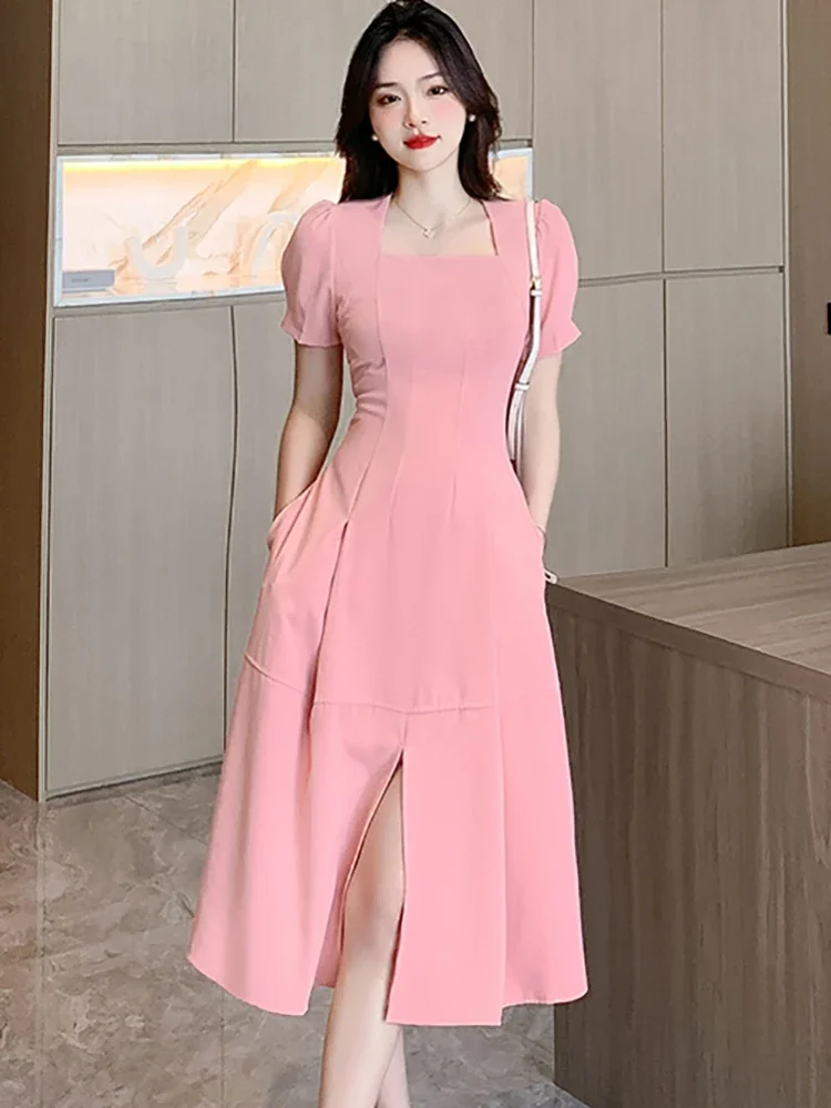 

Women Pink Short Sleeve Square Collar Long Dress 2024 Elegant Dress for Official Occasions Summer Korean Bodycon Formal Dresses
