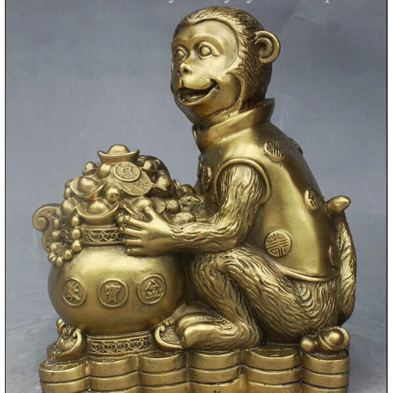 

ZSR 1014+++++7" Folk Chinese FengShui Brass Wealth Money Treasure Bowl Zodiac Monkey Statue
