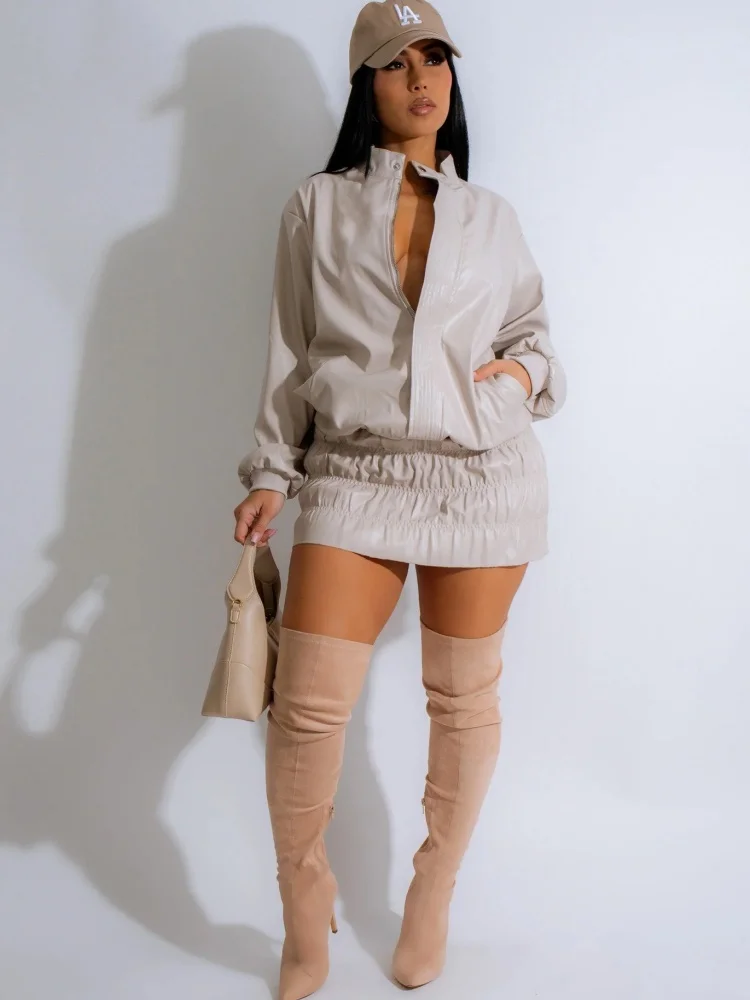 Wmstar Two Piece Set Wome Wholesale Autumn Winter Solid Color Long Sleeved Leather Casual Fashionable Anti Stand Up Collar Skirt