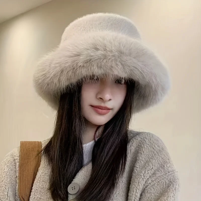 Women Bucket Hat Fashion Faux Fur Big Bucket Hat for Women Russian Cossack Fluffy Winter Wrap Hat Fuzzy Fluffy Bucket Oversized