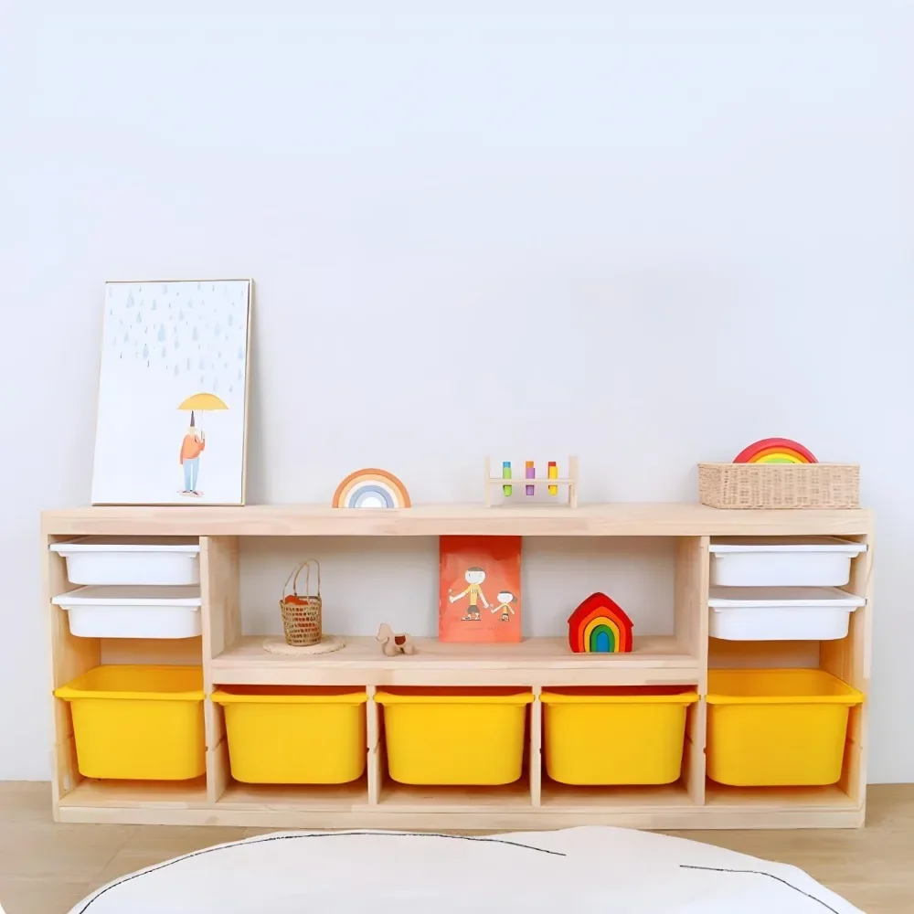 Wooden Closed Back Kids Bookshelf Freestanding Bookcase Modern Display Cabinet Shelf with Drawers Children Toy Storage Cabinet 2