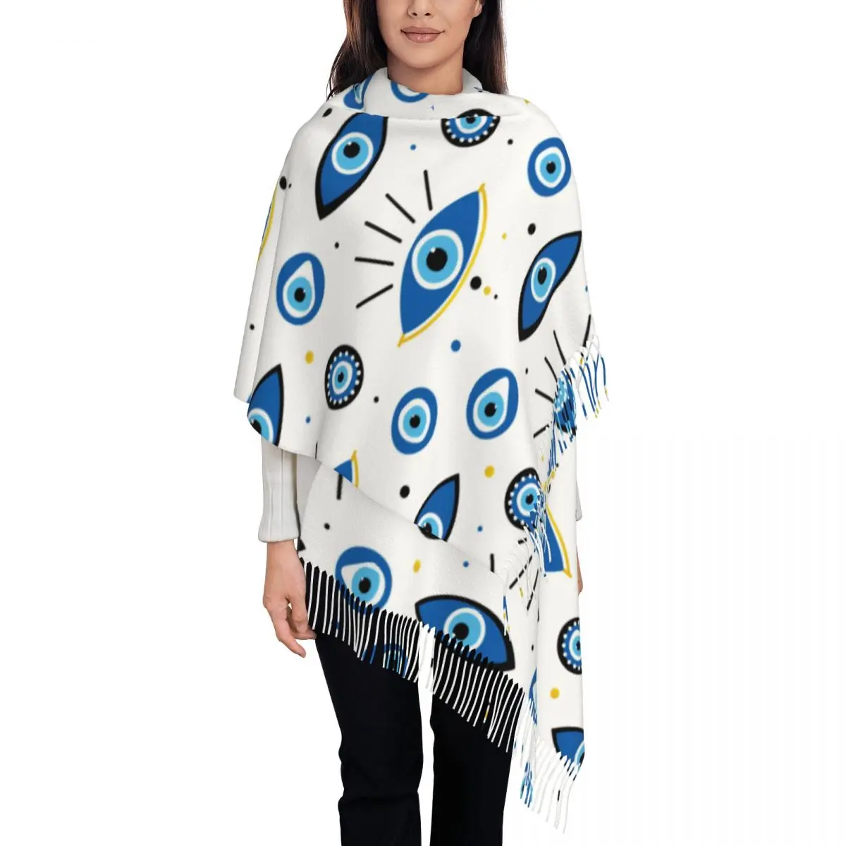 

Women's Scarf with Tassel Nazar Evil Eye Lucky Charms Long Super Soft Shawl Wrap Turkish Amulets Gifts Pashmina Scarves