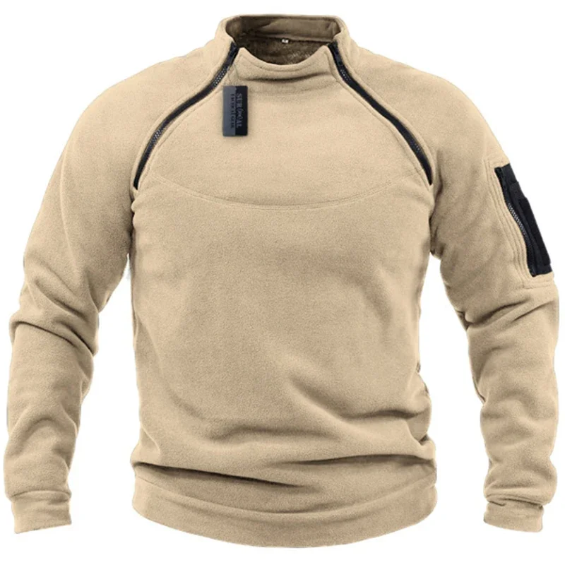 Winter Men's Standing Collar Fleece Pullover Solid Color Tactical Outdoor Jacket Hunting Clothes Zippers Windproof Thicken Coat