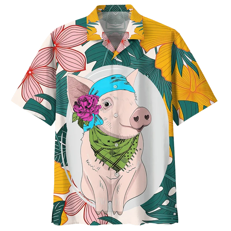 Cartoon Pig Pattern Hawaiian Shirt For Men 3D Printed Animals Short Sleeves Summer Lapel Oversized Shirts Street Button Blouses 5