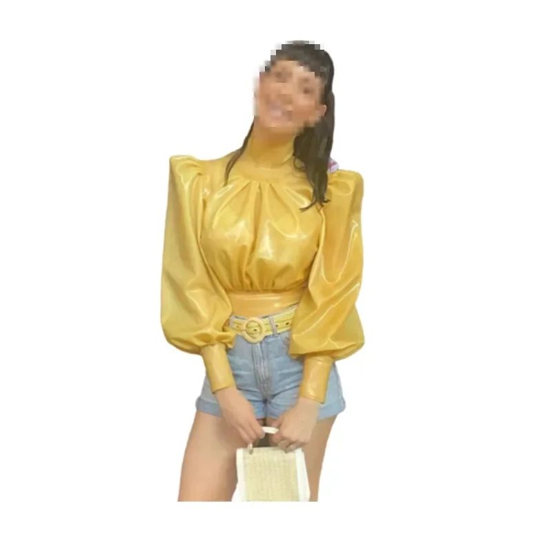 

Сексуальная черная женская рубашка из латекса с короткими рукавами, резиновый Топ, плотный на заказ с застежкой-молнией сзади