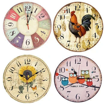 Retro Wooden Wall Clock Owl Rooster Vintage 1