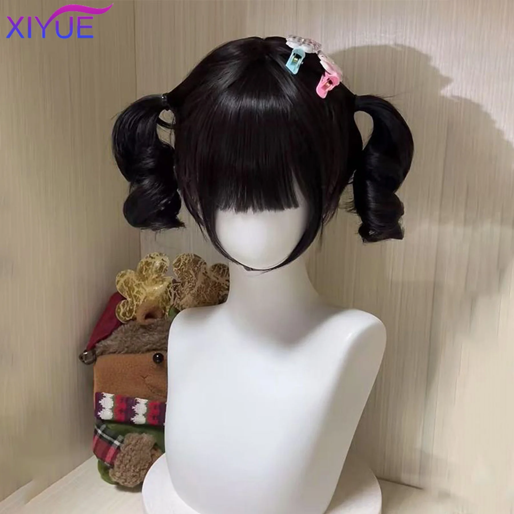 short Curly Twin Ponytails Synthetic Wig Bangs Cosplay Lolita Party Chic Girls Princess Brown Black Short Heat Resistant Hair