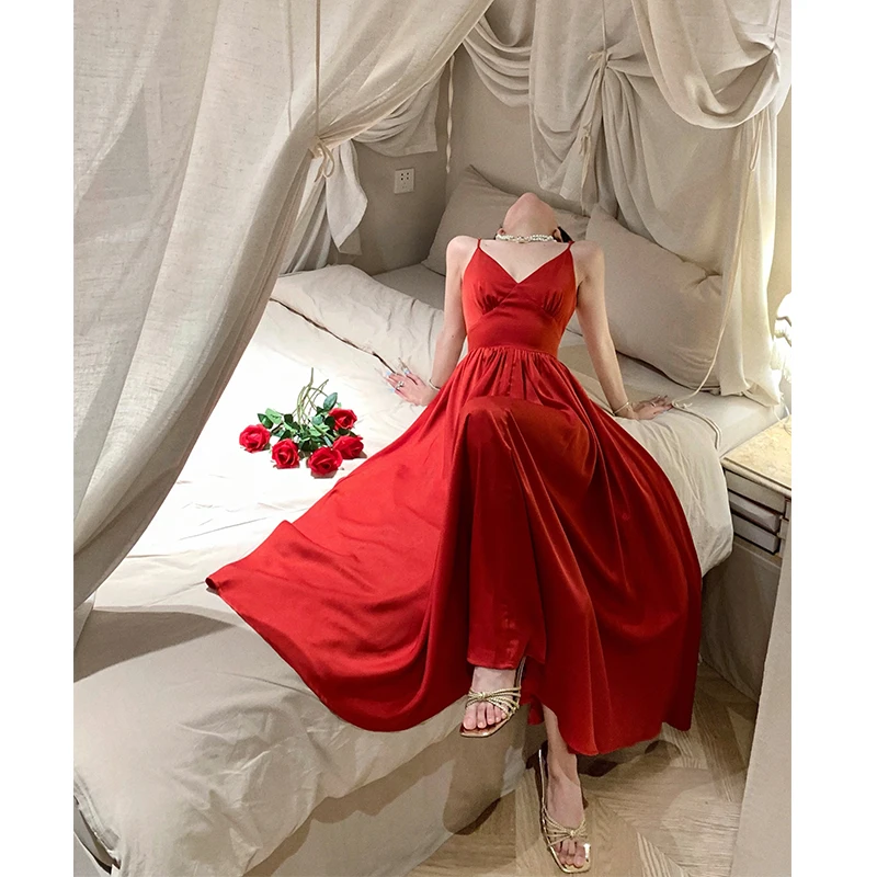 Sexy Spaghetti Strap Evening Party Dress V-neck A-line Solid Vintage Long Dresses for Women Wedding Prom Robe One Piece Vestidos