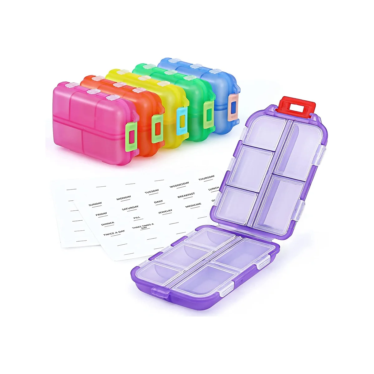 

6 Pack Travel , 10 Compartments Pill Holder Box, Medicine Container Case-For Weekly/Daily Travel, Outdoor