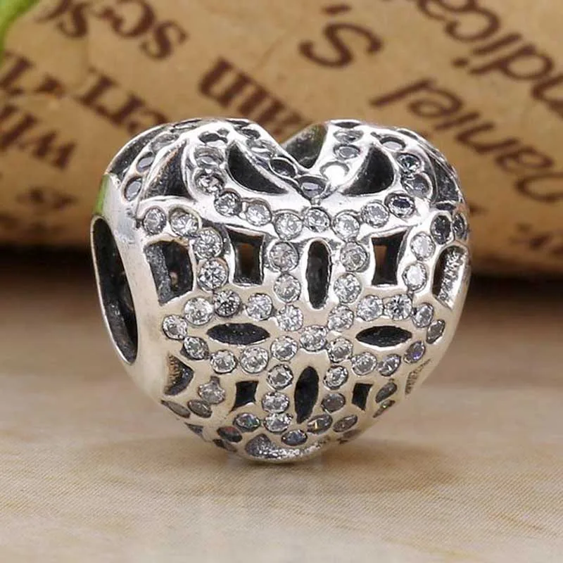 

New Openwork Romantic Heraldic Heart With Crystal Beads Fit 925 Sterling Silver Charm Bracelet Bangle DIY Jewelry