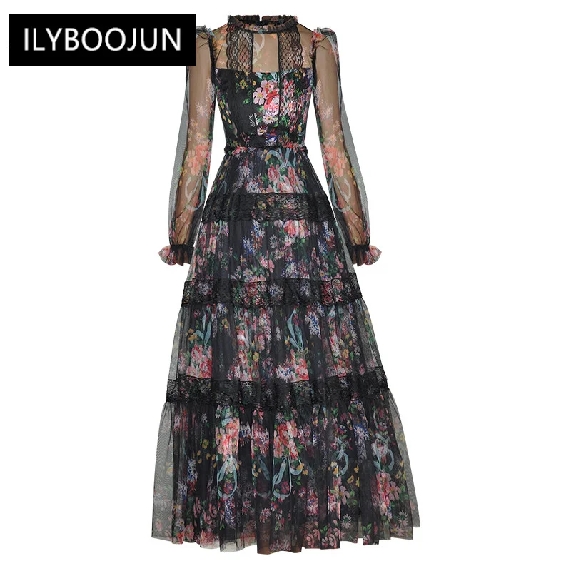 

Elegant Dresses For Women 2022 Luxury Designer Runway Summer Lace Long Sleeve Mesh Floral Print Vintage Vacation Party Dresses