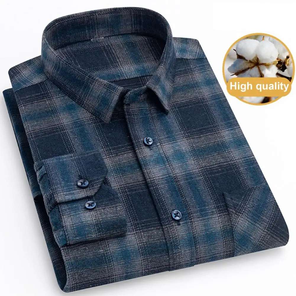 

Lapel Collar Shirt Plaid Print Men's Cardigan Casual Mid Length Shirt with Turn-down Collar Color Matching Design for Fall