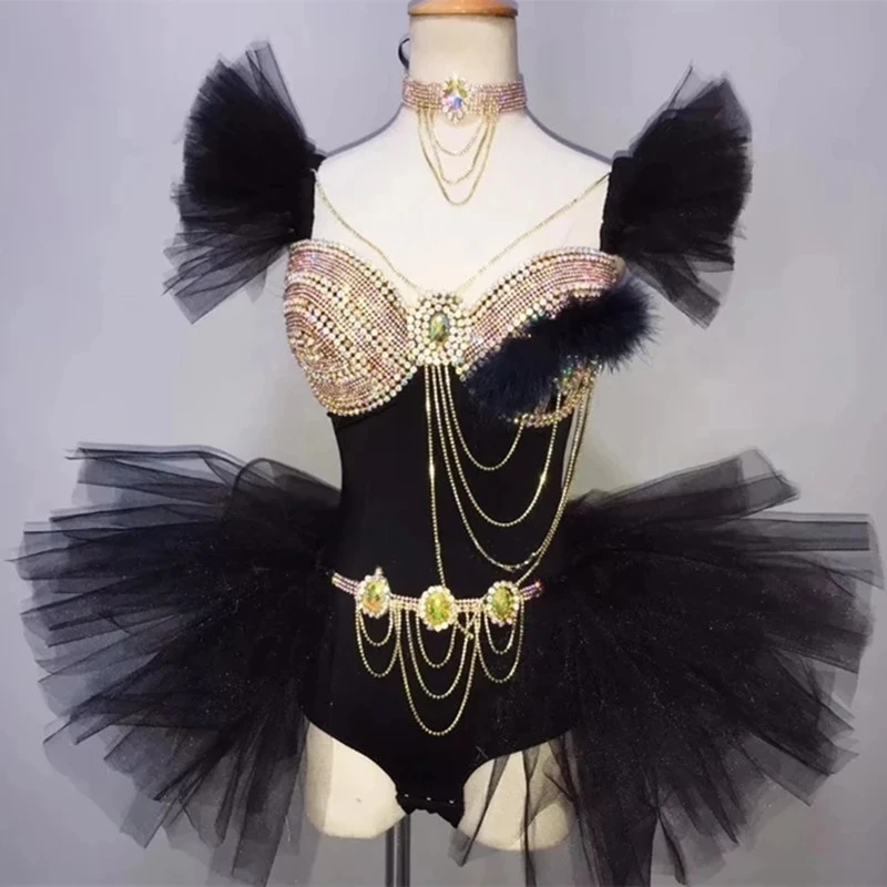 

Singer Stage Wear Gold Black Rhinestones Bodysuit Sexy Bar DJ DS Costume Party Show Outfit Model Catwalk Performance Dance Wear