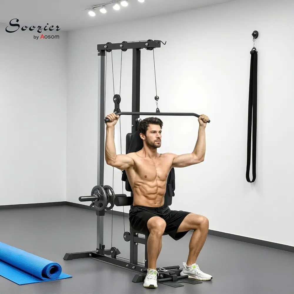 LAT High Low Pulley Stations, Cable Row Machine With Adjustable Seat & Flip-Up Footplate, For Home Gym_voghion.com