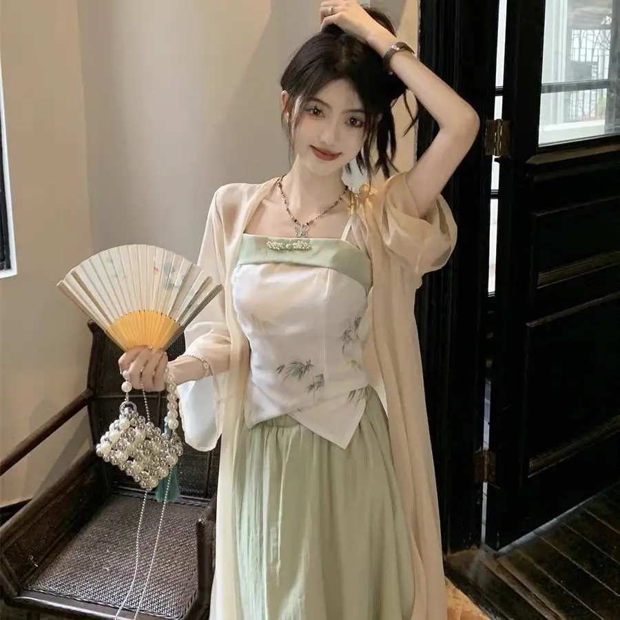 

New Chinese Style Women's Clothing Improved Hanfu Han Elements Small Stature Green Suspender Dress Three Piece Set For Women