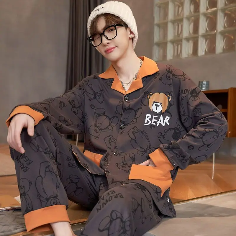 Men Spring Autumn Pajamas 2024 New Long-Sleeved Cardigan Pure Cotton Cartoon Youth Nightclothes Suit Casual Large Size Homewear