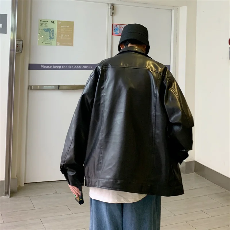 남성용 블랙 인조 가죽 재킷, 힙합 재킷, PU 가죽, 오버사이즈 스트리트웨어, 한국 트렌드 재킷 코트, 가을