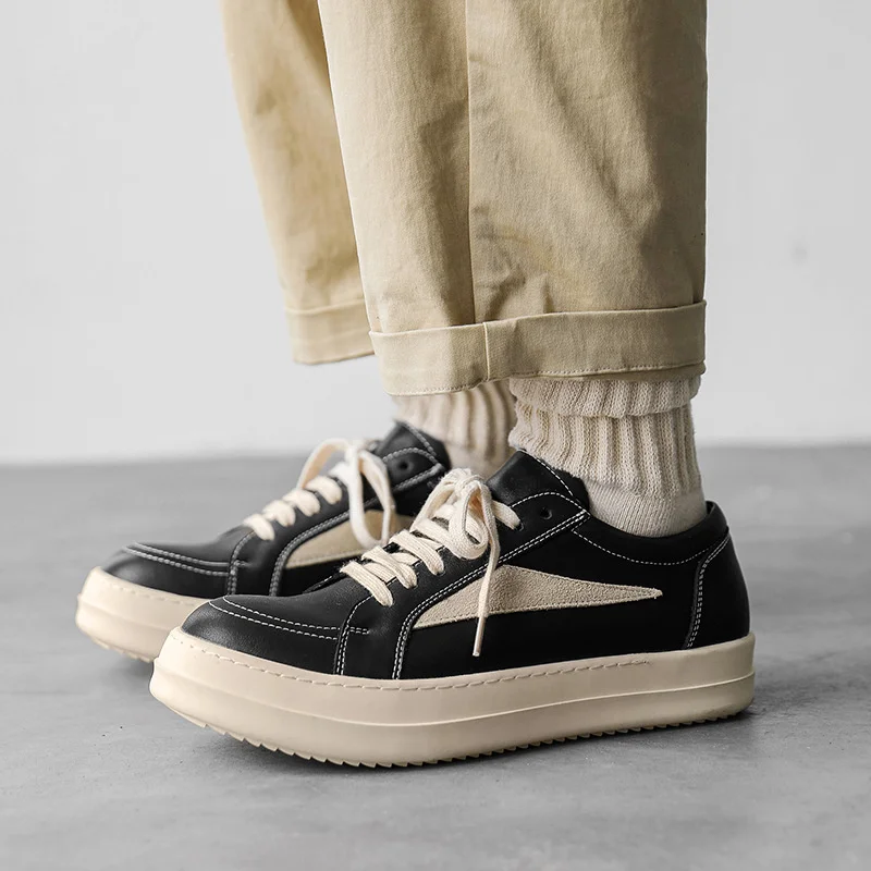 New Leather Student Couple Shoes Flat Black Fashion Trend All-match Casual Thick Baseplate Sneakers Comfort Lace-up Trainers