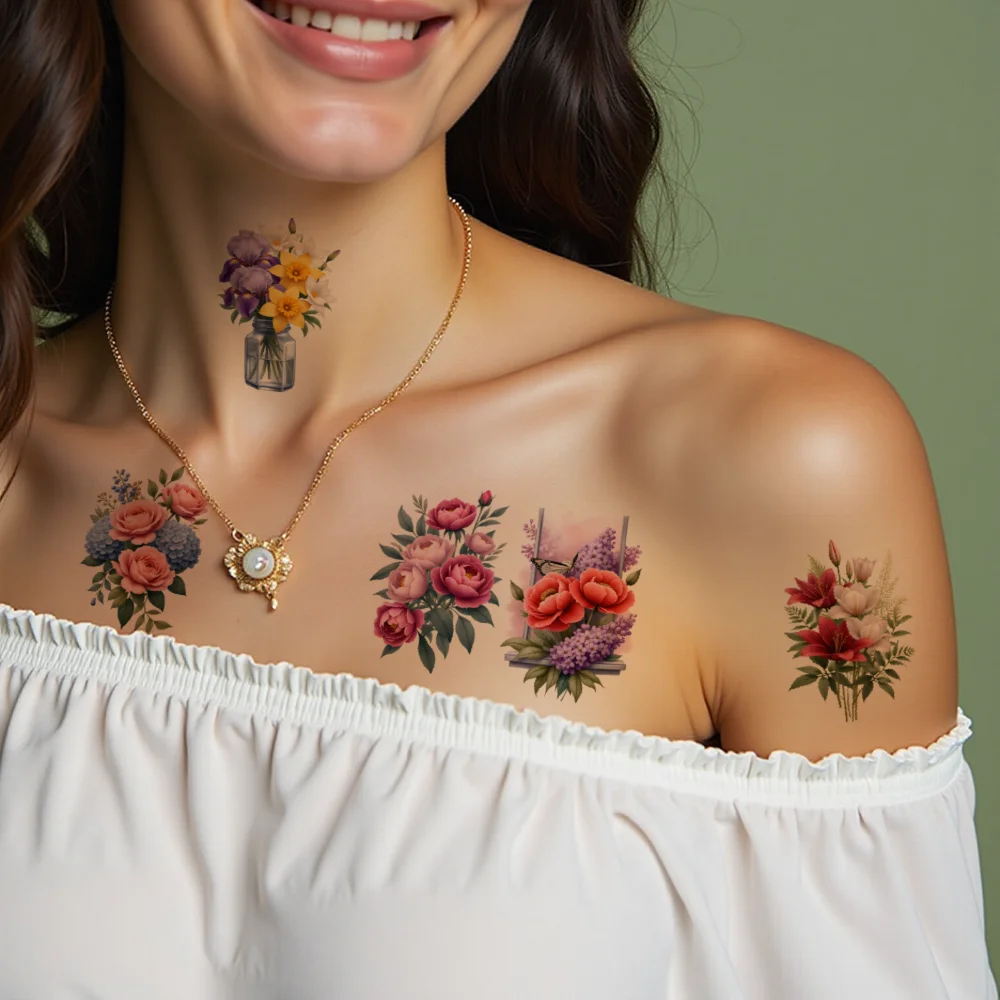 63 Stück temporäre Tattoo-Blumenaufkleber, Illustration, dekorative Aufkleber, temporäre Tattoo-Aufkleber für Schultern, Wangen – Detail 5