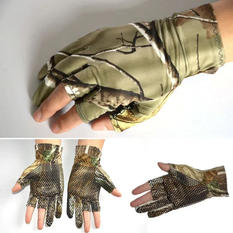 Camo Fishing Gloves Camouflage Anti-Slip Elastic Thin Mitten 3 Fingers Cut Camping Cycling Hunting Half-Finger Gloves
