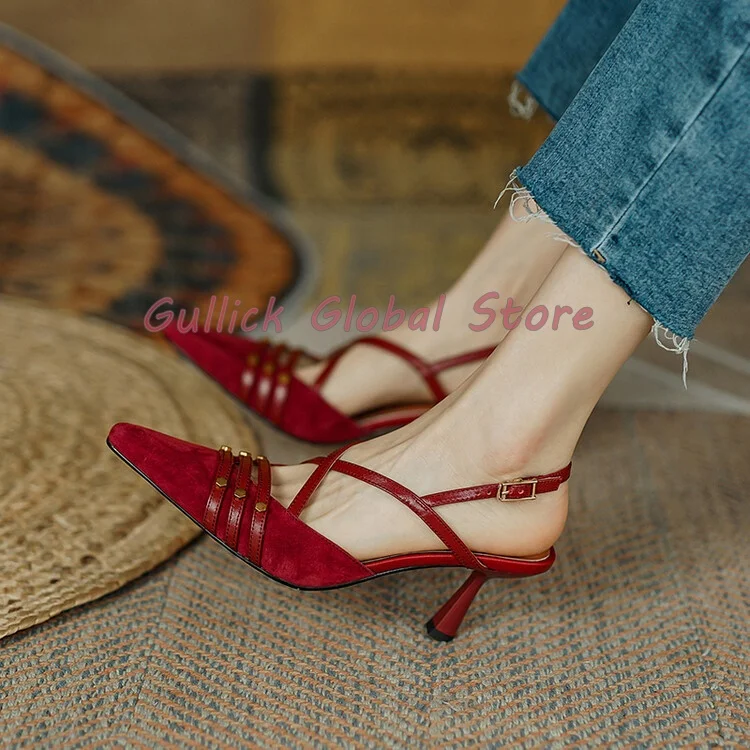 

2024 New Genuine Leather Pointed Toe Rivet Slingback Sandals Wrapped Toe Summer Dress Casual Soft Breathable Women Shoes Sexy