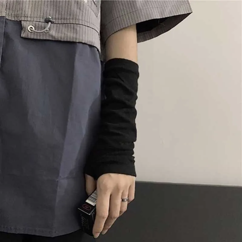 Black Punk Long Fingerless Gloves Cuff for Women Men Outdoor Hip-hop Glove Elbow Mittens Cool Stretch Winter Arm Warmer Mitten