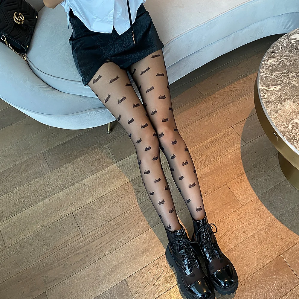 

Fashion Cartoon Kitten Head Jacquard Ladies Pantyhose Nifty Cute Girlish Love Thin Silk Hoses Lolita Spice Trend Nylon Tights