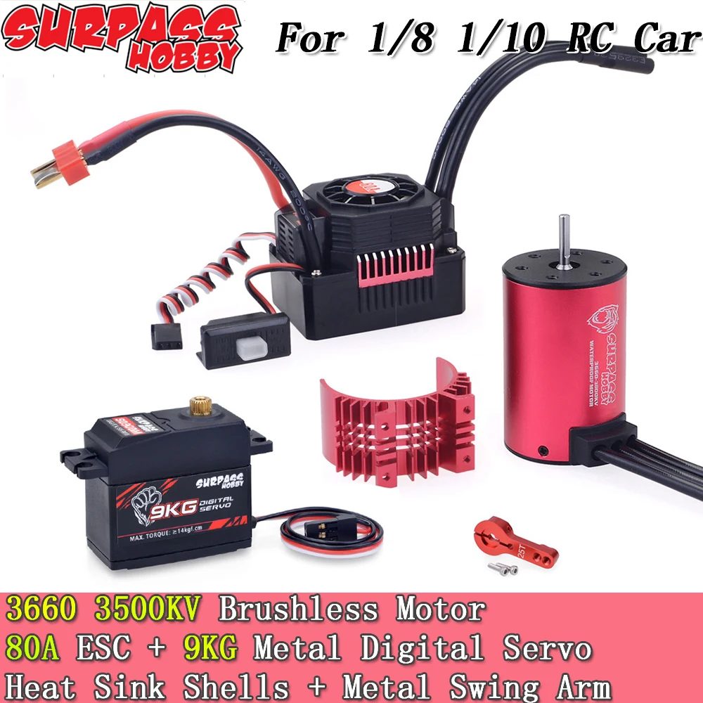 

Бесщеточный двигатель Surpass Hobby 3660 3500KV с радиатором и 80A ESC с BEC водонепроницаемый для 1/10 1/8 RC Car Truck