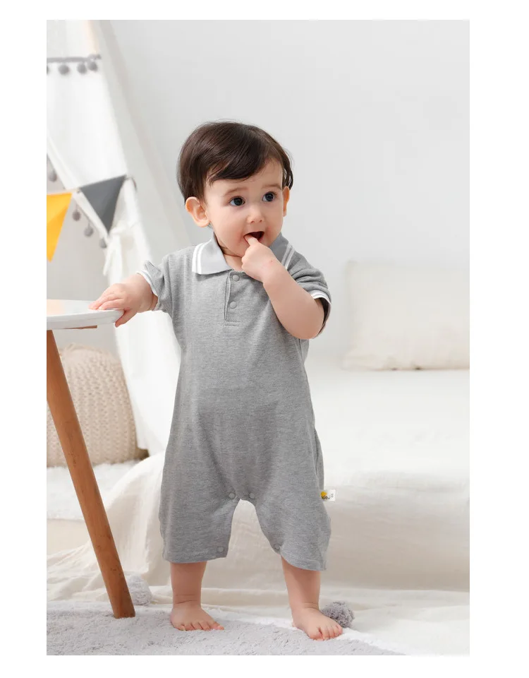 New Baby Boys And Girls Summer Gentleman Newborn Romper Lapel Short-sleeved Bodysuit Unisex Jumpsuit Cotton Solid Color Casual black baby bodysuits	