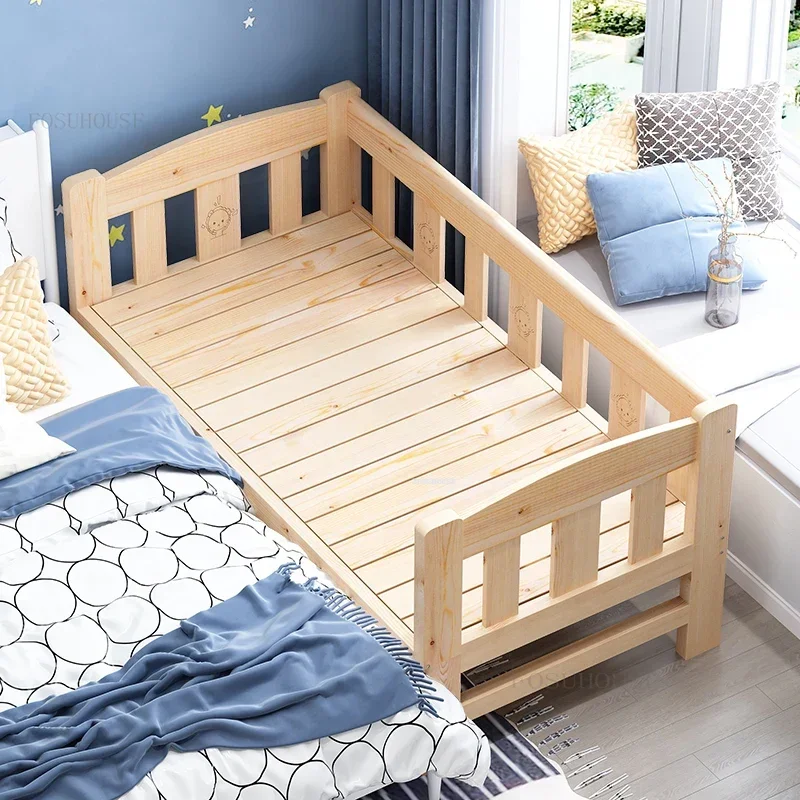 Nordic Solid Wood Small Children's Beds with Guardrails Single Bedside Bed for Boys and Girl Widened Spliced Large Bed Furniture