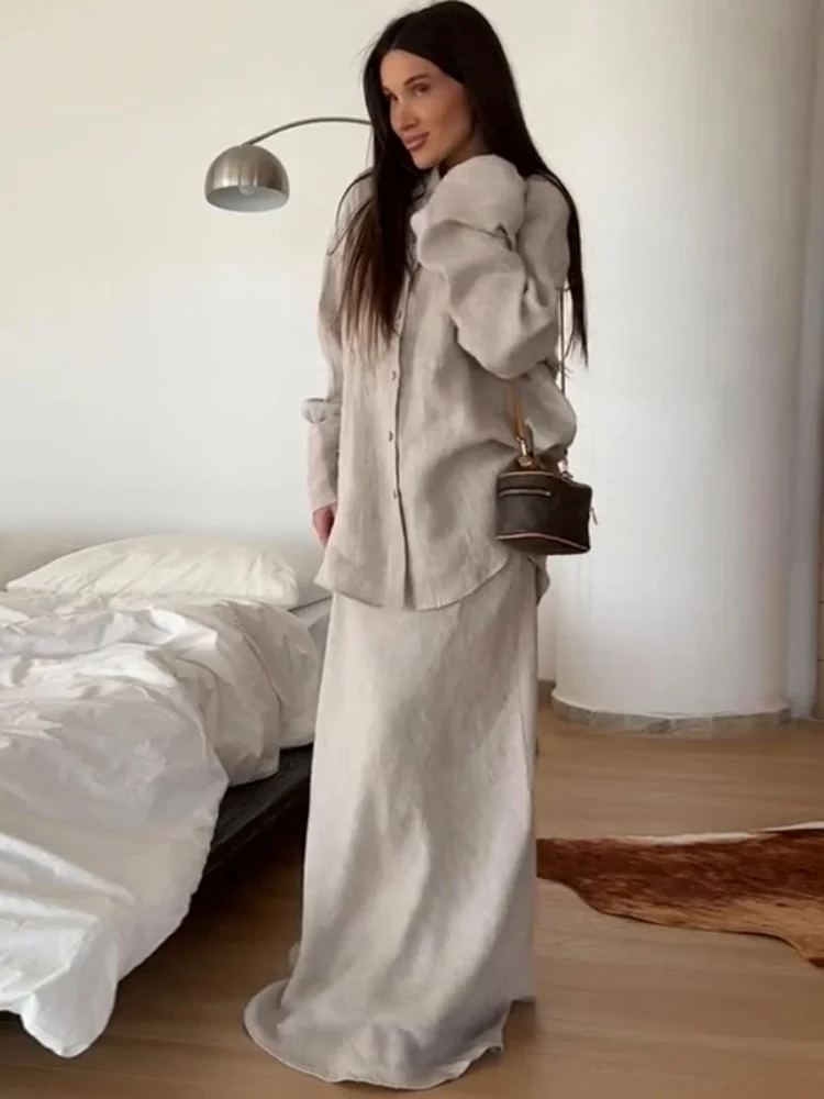 Wmstar Two Piece Set Women Wholesale 2025 Summer New Solid Color Loose Long Sleeved Shirt High Waisted Skirt Fashion Sets