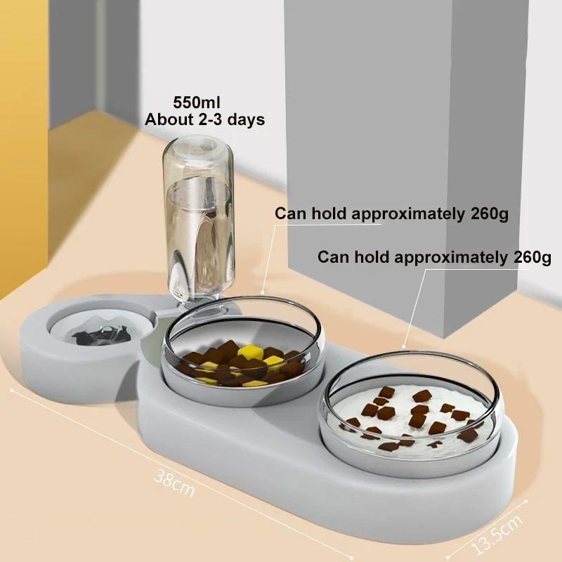 Anti-Tip Double Cat Bowl with Drinking Fountain - Large Diameter, Durable PP+PC Material