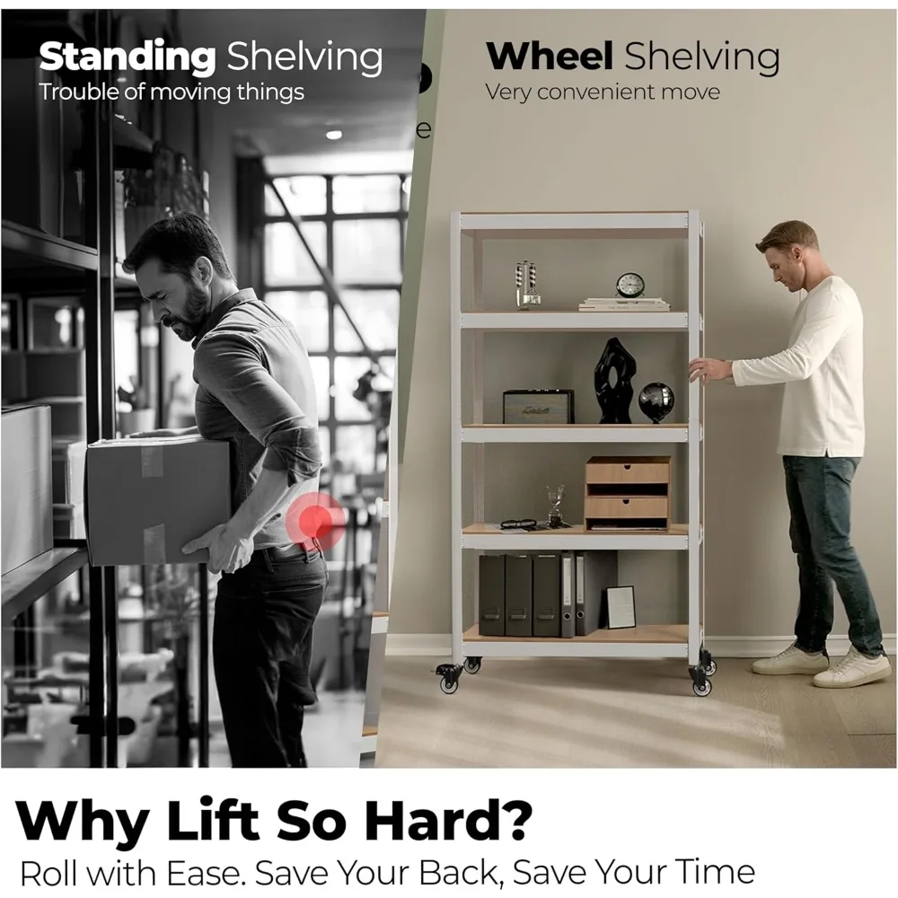 HOMEDANT House White 5-Tier Metal Rolling Cart Shelf Rack Casters Heavy Duty Wheel Shelving Unit Adjustable Utility Storage